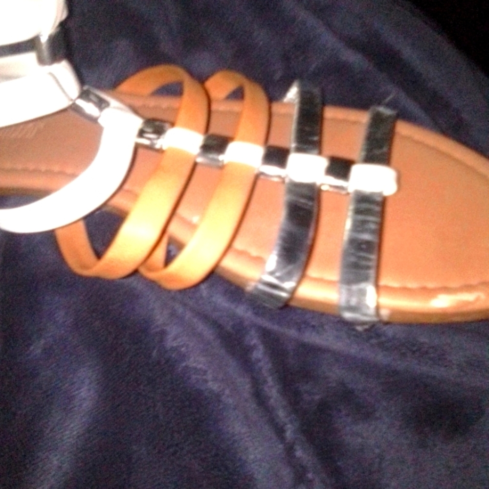Light brown white and silver sandals